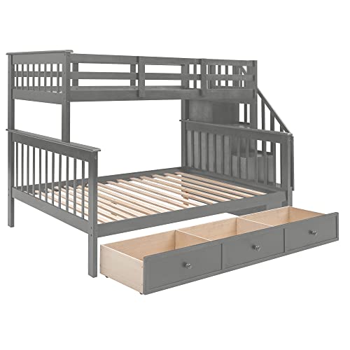 MERITLINE Grey Twin Over Full Bunk Bed with Stairs, Storage Drawers, and Safety Features - WoodArtSupply