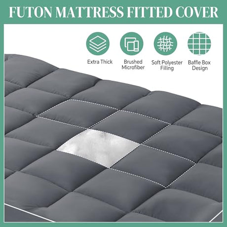 HOMBYS Extra Thick Fitted Futon Mattress Cover Full Size with Anti-Slip Elastic, Plush Down-Alternative Filling for Enhanced Comfort, 100% Polyester Futon Topper, Grey, Cover Only HOMBYS
