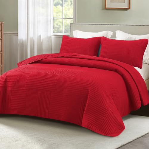 Whale Flotilla Ultra Soft King Quilt Bedding Set, Lightweight Microfiber Red Quilts Bedspreads Oversized, 3 Piece Ultrasonic Geometric Coverlet Bed Cover for All Seasons