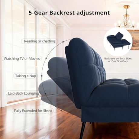 COMHOMA Convertible Sofa Bed,72″Fabric Couch with Adjustable Backrest,Loveseat Recliner Sleeper Living Room Furniture futon Set (Blue) COMHOMA