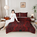 Feelyou Adults Gothic Skull Bedding Set Queen Size Kids Damask Print Comforter Goth Bohemian Duvet Breathable Soft Lightweight Microfiber Black Red Room Decor with 2 Pillowcases Feelyou