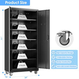 Reemoon Garage Storage Cabinet with Wheels, Metal Storage Cabinet with 5 Adjustable Shelves and Pegboard for Garage Home Utility Room,Required Assembly,Black，71" H×34" W×18" D Reemoon