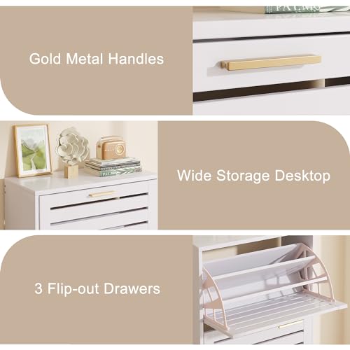 VECELO Shoe Cabinet Storage for Entryway with 3 Flip Drawers Slim Hidden Free Standing Organizer for Narrow Hallway, Bedroom, Living Room, Large Capacity, Modern, White, 3-Shelf - WoodArtSupply