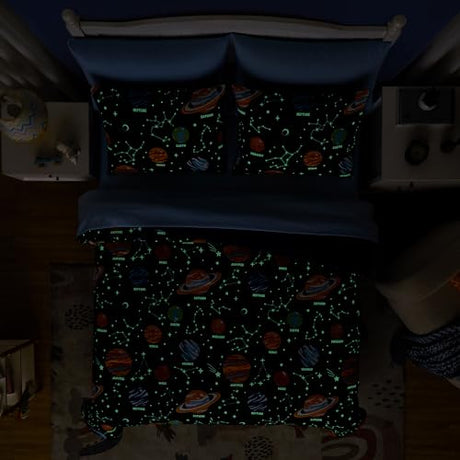 Full Kids Comforter Set - 7 Pieces Full Bedding Sets for Boys Teen, Glow in The Dark Space Bed in A Bag with Sheets Kaleido Space
