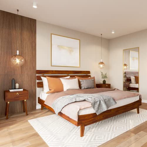 Bme Caden 15 Inch Adjustable King Bed Frame - Mid Century Acacia Wood Platform with Headboard, Dark Chocolate Bme