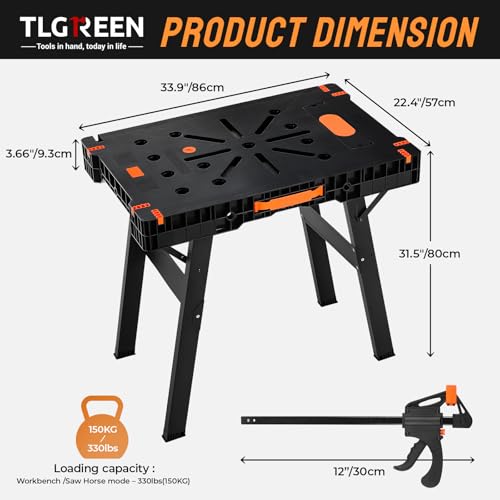 TLGREEN Folding Work Table,2 Pack,Express Portable Workbench Set of 2, Lightweight Workbench with Clamps Dogs, Clamps,Power Strip,for Garage,Table Saw,Home,Workshop,330lbs Load Capacity TLGREEN