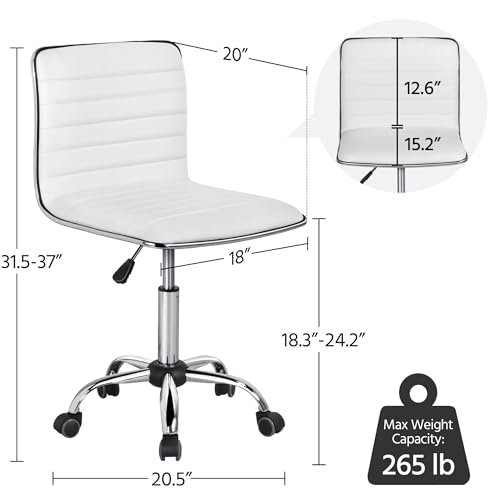 Yaheetech Adjustable Task Chair PU Leather Low Back Ribbed Armless Swivel White Desk Chair Office Chair Wheels Yaheetech