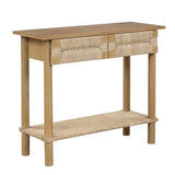 Nathan James Beacon Wooden Sofa Console Table with Drawers, Bohemian Entryway Table, Hallway Table with Seagrass Shelf, Light Brown Nathan James