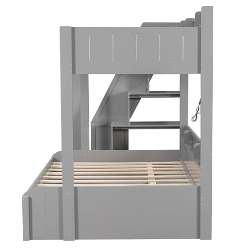 Merax Twin Over Full Bunk Bed Frame with Trundle & Storage Staircase, Wood Platform Bed with Storage Shelves & Guardrail & Charging Station for Bedroom Dorm Guest Room, No Box Spring Needed, Gray Merax