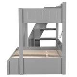 Merax Twin Over Full Bunk Bed Frame with Trundle & Storage Staircase, Wood Platform Bed with Storage Shelves & Guardrail & Charging Station for Bedroom Dorm Guest Room, No Box Spring Needed, Gray Merax