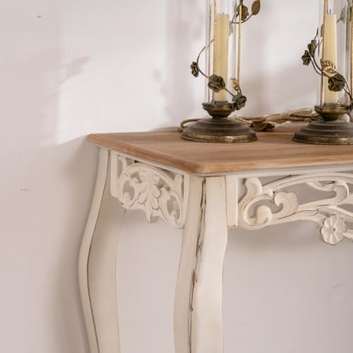 JIJIWANG 43.31" Distressed Console Table with Carved Details,Weathered Wash Vintage French Country Entry Table with Wood Carvings and Curved Legs for Hallway Living Room,Natural Wood JIJIWANG