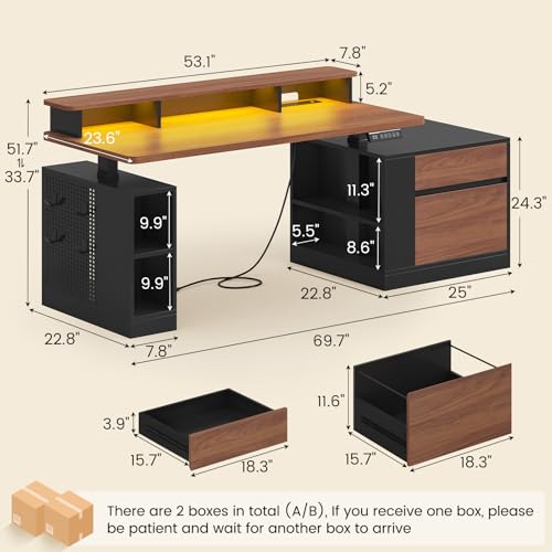 Standing Desk Adjustable Height, 70" Executive Electric Office Desk, Sit Stand Computer Desk with Storage Drawer, Power Outlets, Led Lights, Monitor Stand, Printer Space, Pegboard Black&Walnut UPOSOJA