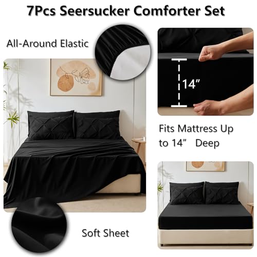 CozyLux Full Size Comforter Sets Black, 7 Pieces Pintuck Bed in A Bag Black Comforter Full Size, Pinch Pleat Bedding Sets with All Season Comforter, Sheets, Pillowcases & Shams CozyLux