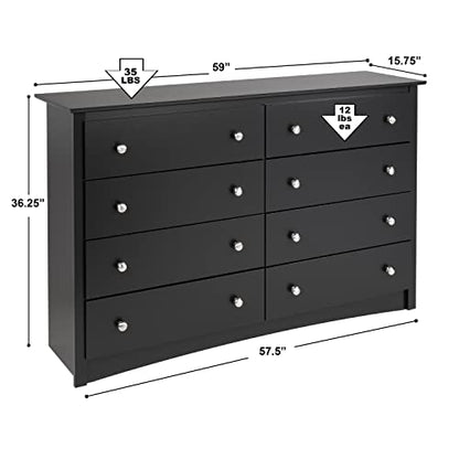 Prepac Sonoma 8 Drawer Double Dresser for Bedroom, 15.75" D x 59" W x 36.25" H, Black - WoodArtSupply