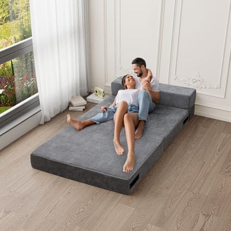 HOMFINE Folding Sofa Bed - Convertible Sleeper Chair with Pillow, Fold Out Couch, Memory Foam Floor Mattress, Futon Couch, Lazy Sofa for Living Room/Dorm/Guest Room/Home Office, Twin, Gray HOMFINE