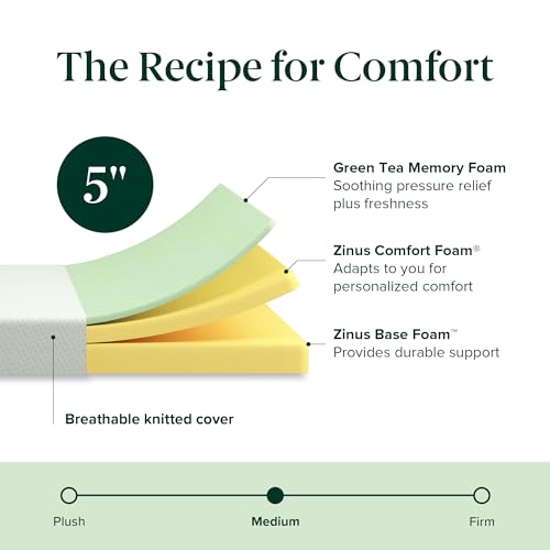 ZINUS 5 Inch Green Tea Memory Foam Mattress [New Version], Twin, Fiberglass free, Medium Firm Feel, Zoned Pressure Relief, Certified Safe Foams & Fabric, Mattress in A Box Zinus