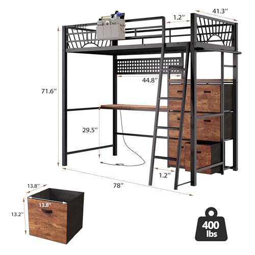 Decofy Twin Metal Loft Bed with Desk, 6 Storage Cabinet, LED Light Bunk Bed Frame Twin Size with Charging Station, No Box Spring Needed, Extra Wide Stair Treads&Safety Ladder, Hanging Rod&Guardrail Decofy