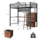 Decofy Twin Metal Loft Bed with Desk, 6 Storage Cabinet, LED Light Bunk Bed Frame Twin Size with Charging Station, No Box Spring Needed, Extra Wide Stair Treads&Safety Ladder, Hanging Rod&Guardrail Decofy