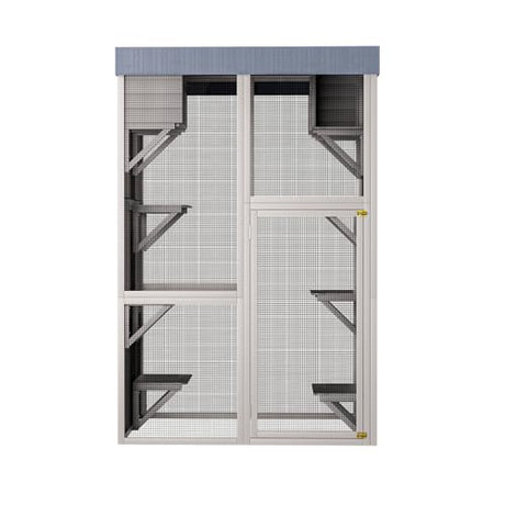 Outdoor Wooden Catio Cat House,Large Cat Enclosure with 6 Platforms,2 Napping Houses & Removable Waterproof Roof,Solid Wood Playpen Cage for Multiple Cats,Secure & Walk-in Design,70.5" H Gray GDFStudio