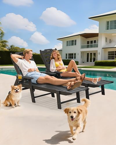 Carauci Lounge Chair Outdoor, HDPE Chaise Lounge with Wheels, 5-Position Adjustable Backrest & 2 Cup Holders Patio Lounge Chair, All-Weather Pool Sun Lounger for Poolside, Backyard, Black Carauci