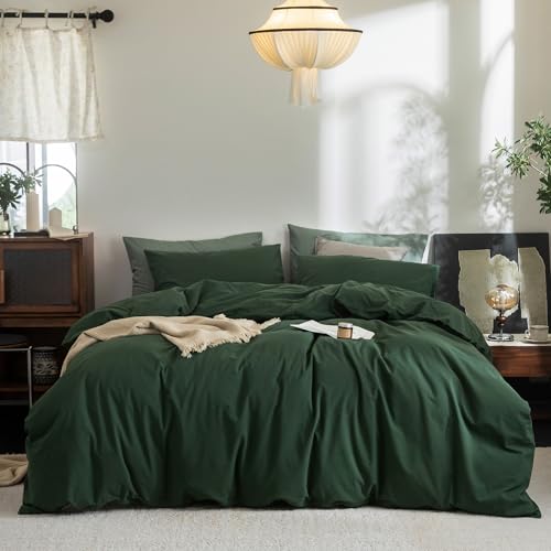 FOSSA Duvet Cove Set 100% Washed Cotton Linen Feel Super Soft Breathable Cozy 3 Pieces Bedding Sets Solid Forest Green Twin FOSSA