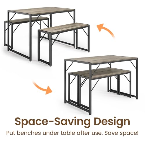 Bealife Dining Table Set for 4 with Metal Frame and MDF Board, Space Saving Kitchen Table with 2 Benches, Kitchen Table Set for Apartment, Dining Room, Breakfast Nook, Grey Bealife