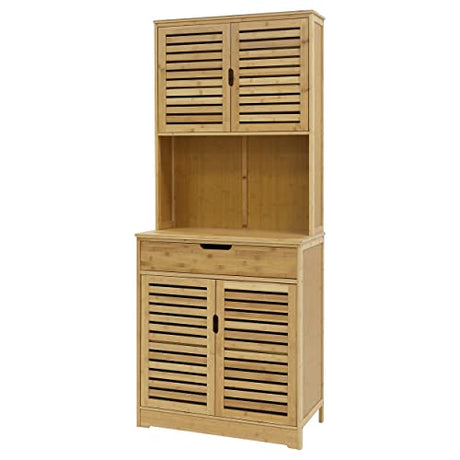 MUPATER Kitchen Pantry Cabinet Hutch Storage with Microwave Stand, 72'' Bamboo Freestanding Pantry Buffet Cabinet with Doors and Shelves for Home MUPATER