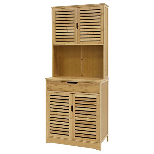 MUPATER Kitchen Pantry Cabinet Hutch Storage with Microwave Stand, 72'' Bamboo Freestanding Pantry Buffet Cabinet with Doors and Shelves for Home - WoodArtSupply