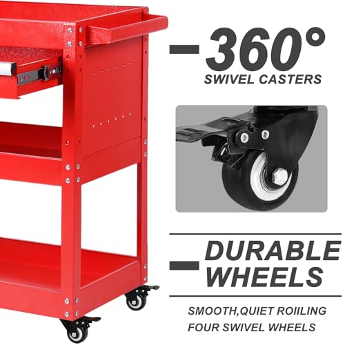 BRLJUNEO 3-Tier Tool Cart with Drawer, Heavy Duty Steel Utility Cart, 450 Lbs Load Capacity, Red - WoodArtSupply