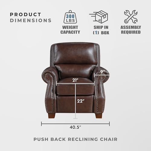 Lexicon Push Back Reclining Chair, Top Grain Leather Match Push Back Recliner Chair with Nailhead Trim, Rolled Arms, Solid Wood Legs, for Living Room/Apartment/Office, Easy Assembly, Brown