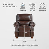 Lexicon Push Back Reclining Chair, Top Grain Leather Match Push Back Recliner Chair with Nailhead Trim, Rolled Arms, Solid Wood Legs, for Living Room/Apartment/Office, Easy Assembly, Brown