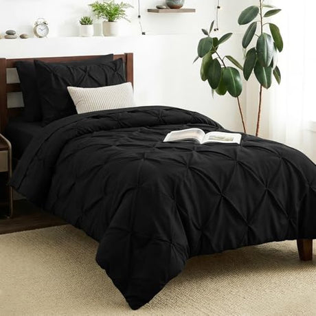 CozyLux Twin Comforter Set with Sheets Black, 5 Pieces Pintuck Bed in A Bag, Twin Bed Set Gift for Family, Pinch Pleat Bedding Set with Comforter, Sheets, Pillowcase & Sham CozyLux