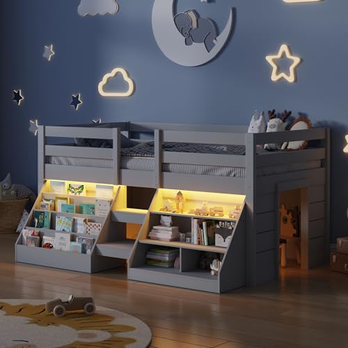 St.Mandyu Twin Size Low Loft Bed with LED Lights, Kids Twin Loft Bed with Stairs, Bookcase, Safety Guardrail and Under-Bed Play Space, Grey St.Mandyu