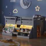 St.Mandyu Twin Size Low Loft Bed with LED Lights, Kids Twin Loft Bed with Stairs, Bookcase, Safety Guardrail and Under-Bed Play Space, Grey St.Mandyu