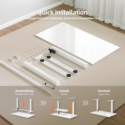Claiks Glass Standing Desk with Drawers, 40×24 Inch Adjustable Stand Up Desk Quick Install Home Office Computer Desk, White Claiks