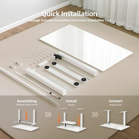Claiks Glass Standing Desk with Drawers, 40×24 Inch Adjustable Stand Up Desk Quick Install Home Office Computer Desk, White Claiks