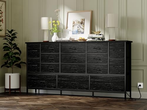 Fixwal 63.3 Inch Large Black Dresser for Bedroom, 16 Drawer Dresser, Long TV Stand for 55, 65, 70 Inch TV with Power Outlets, Fabric Chest of Drawers for Bedroom, Living Room, Entryway, Black Fixwal