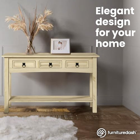 Furniture Dash Solid Wood Hall Table Console 47.9" W, 12.6" D, 28.8" H - Farmhouse Entryway Table with 3 Drawers, Office Hallway Foyer, Wooden Furniture Dash