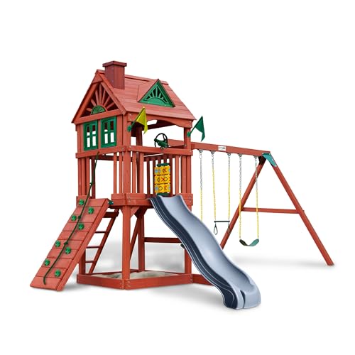 Gorilla Playsets 01-0021-GREY Nantucket II Wood Swing Set with Wood Roof, Two Swings, Grey Slide, Sandbox Area, Rock Wall, Redwood Color Gorilla Playsets
