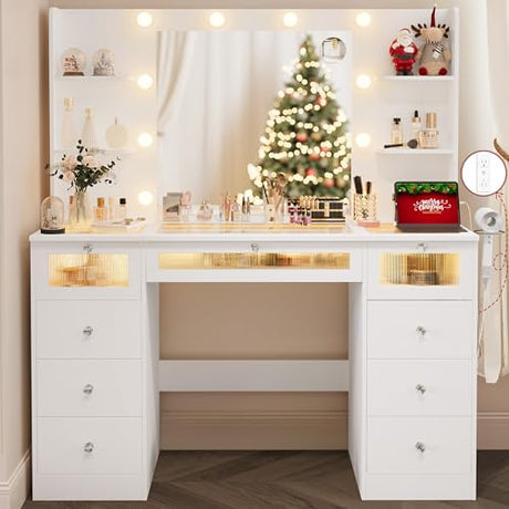 VQRhome White Vanity with Lighted 23.5” Mirror, Glass Top Vanity Desk with 9 Drawers & 3 Color Hollywood Bulbs & 4 Shelves & Acrylic & Power Outlet, Makeup Desk Dressing Table for Bedroom VQRhome