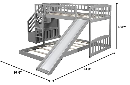 Twin over Twin Low Bunk Bed Frame with Slide and Storage Drawers for Kids - Grey - WoodArtSupply