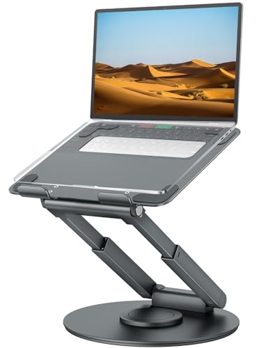 tounee Telescopic Laptop Stand for Desk with 360° Swivel Base, Sit to Stand, Height Adjustable, Portable Riser Holder for Good Posture, Compatible with MacBook Pro, All Laptops 10-17"-Gray tounee