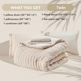 HYMOKEGE Beige Twin Comforter Set Seersucker 5 Pieces, All Season Luxury Bed in a Bag for Bedroom, Bedding Set with Comforters, Sheets, Pillowcase & Sham HYMOKEGE