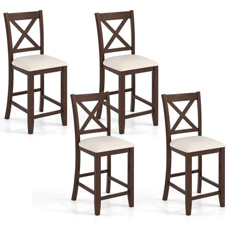 Giantex 24" Bar Stools Set of 4, Farmhouse Counter Height Barstools w/Footrest, Cross Back, Comfortable Linen Cushion, Upholstered Wood Bar Chairs for Kitchen Island Dining Room Cafe, Walnut & Beige Giantex