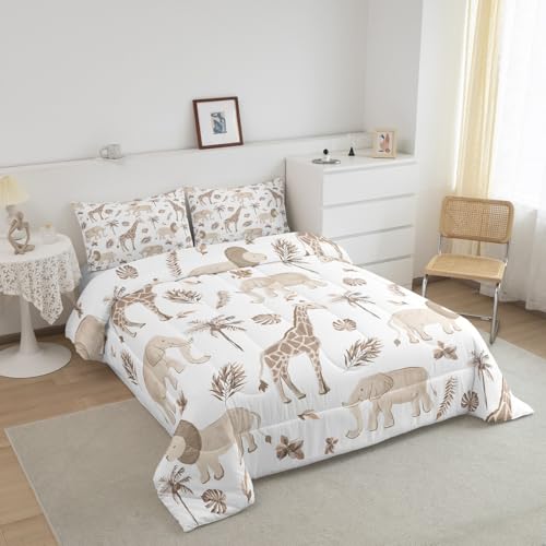 Feelyou Jungle Animals Comforter Twin Size Elephant Lion Giraffe Animal Bedding Sets African Safari Animal Duvet Set for Kids Boys Girls Hunter Brown Rust Wildlife Down Quilt Feelyou