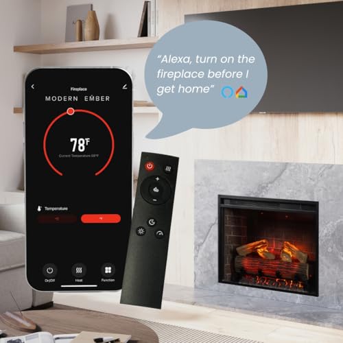 Modern Ember Uptown 23" Smart Electric Fireplace Insert, Alexa/WiFi Enabled - Includes Remote, 1,000 Sq Ft Electric Heater with Realistic Ember Bed & Log Set, Brick Background Modern Ember