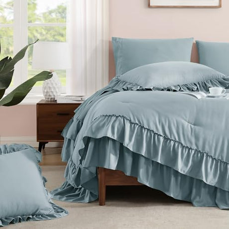 AMBERSPACE Queen Comforter Set Dusty Blue, Ruffle Shabby Chic Bedding Set Farmhouse 7 Pieces, All Season Fluffy Bed in a Bag with Sheets, Pillowcases & Shams AMBERSPACE