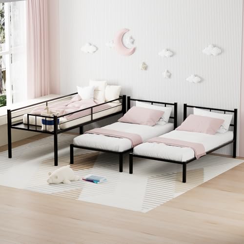 TURRIDU Metal Triple Bunk Bed for 3, Twin Over Twin Over Twin Bunk Beds with Built-in Ladders, Separates into 3 Twin Beds for Teens, Adults, No Box Spring Needed, Black TURRIDU