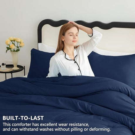 CozyLux Navy Blue King Size Comforter Set, 3 Pieces Solid Breathable Quilted Style Bedding Sets, Luxury Fluffy Soft Bed Set with Down Alternative Comforter for All Season (1 Comforter & 2 Pillowcases) CozyLux