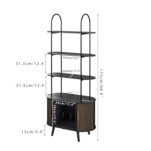 Tall Vinyl Record Player Stand, Black Small Record Storage Cabinet, 4 Tier Arched Bookshelf with Sliding Doors, Fluted Media Display Shelf, Mid Century Modern Turntable Stand for Living Room, Retro Woemtoric